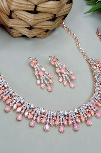 Pink rose gold premium designer american diamond and stone work necklace set