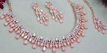 Pink rose gold premium designer american diamond and stone work necklace set 3