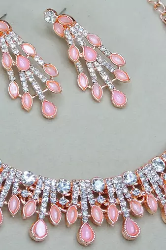 Pink rose gold premium designer american diamond and stone work necklace set