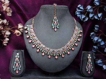 Green rose gold premium designer american diamond and stone work necklace set 1