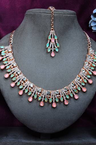 Green rose gold premium designer american diamond and stone work necklace set