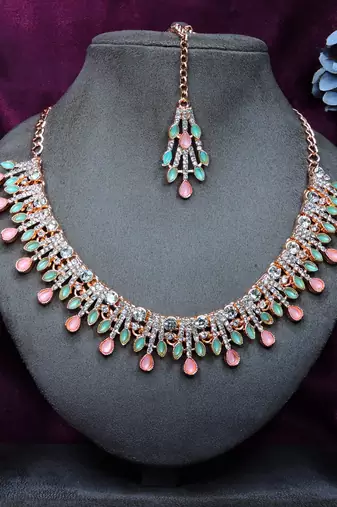 Green rose gold premium designer american diamond and stone work necklace set