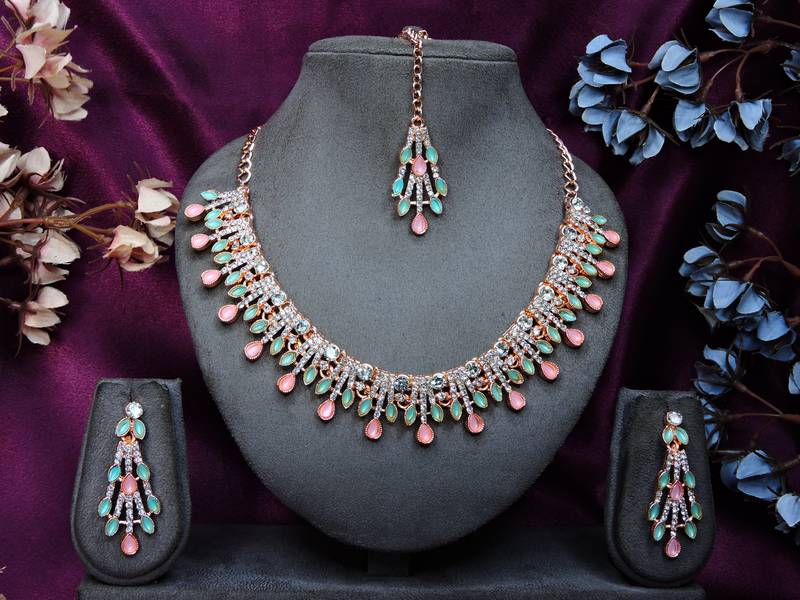 Green rose gold premium designer american diamond and stone work necklace set