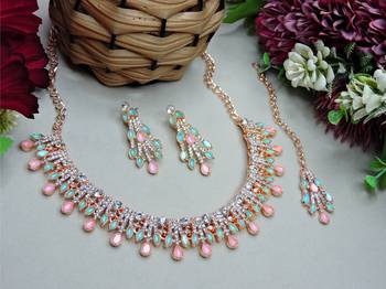 Green rose gold premium designer american diamond and stone work necklace set 2