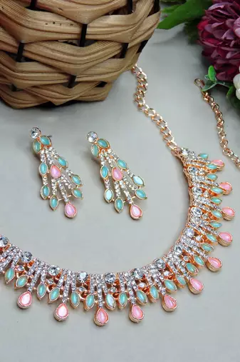 Green rose gold premium designer american diamond and stone work necklace set