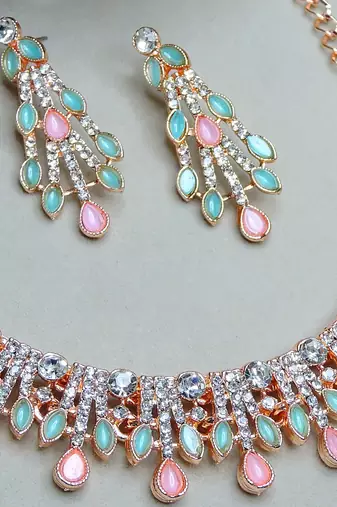 Green rose gold premium designer american diamond and stone work necklace set