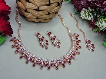 Purple rose gold premium designer american diamond and stone work necklace set 1