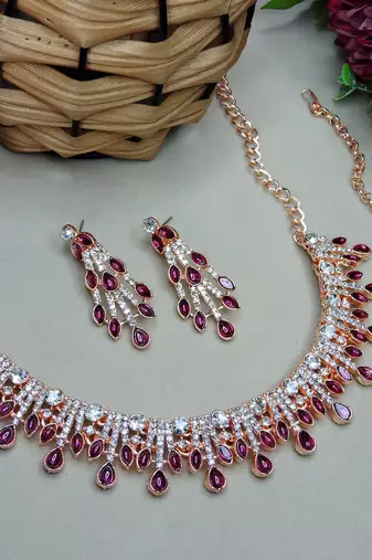 Purple rose gold premium designer american diamond and stone work necklace set