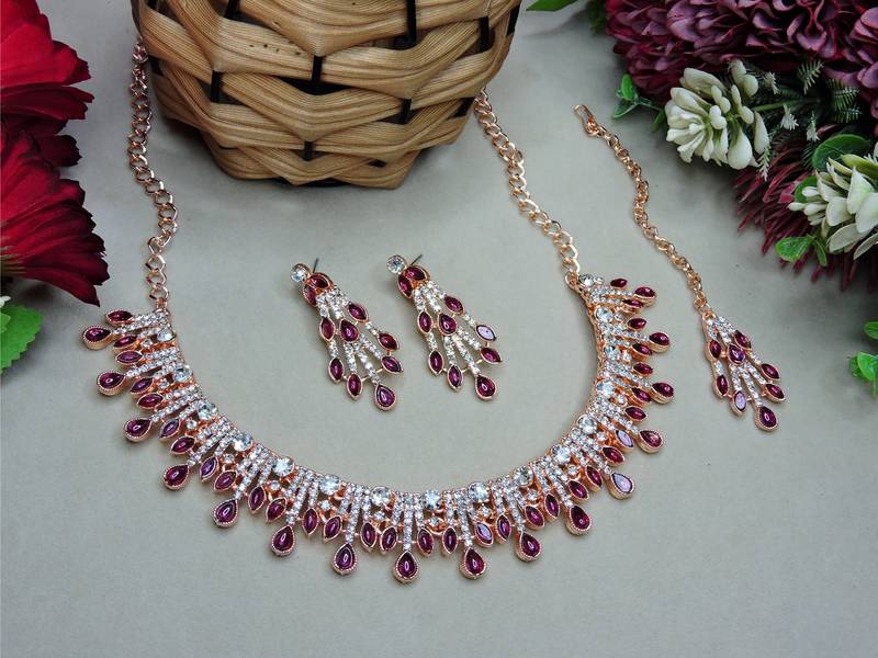 Purple rose gold premium designer american diamond and stone work necklace set
