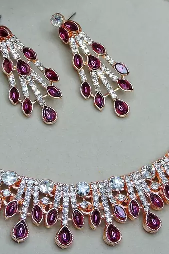 Purple rose gold premium designer american diamond and stone work necklace set