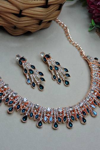 Blue rose gold premium designer american diamond and stone work necklace set