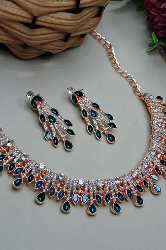 Blue rose gold premium designer american diamond and stone work necklace set