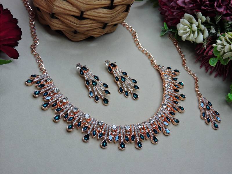 Blue rose gold premium designer american diamond and stone work necklace set