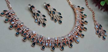 Blue rose gold premium designer american diamond and stone work necklace set 2