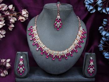 Pink rose gold premium designer american diamond and stone work necklace set 1