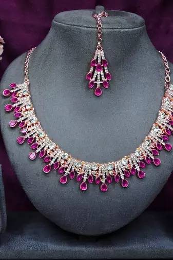 Pink rose gold premium designer american diamond and stone work necklace set