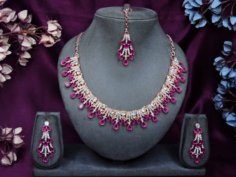 Pink rose gold premium designer american diamond and stone work necklace set