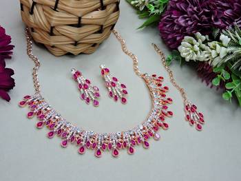 Pink rose gold premium designer american diamond and stone work necklace set 2