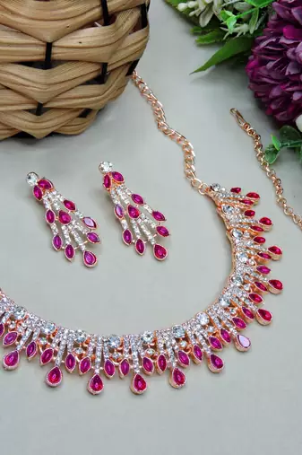 Pink rose gold premium designer american diamond and stone work necklace set