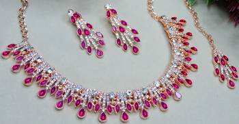 Pink rose gold premium designer american diamond and stone work necklace set 3