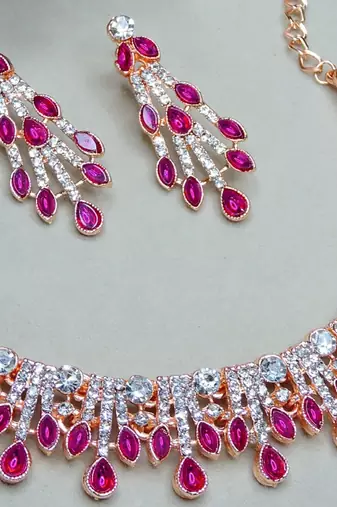 Pink rose gold premium designer american diamond and stone work necklace set