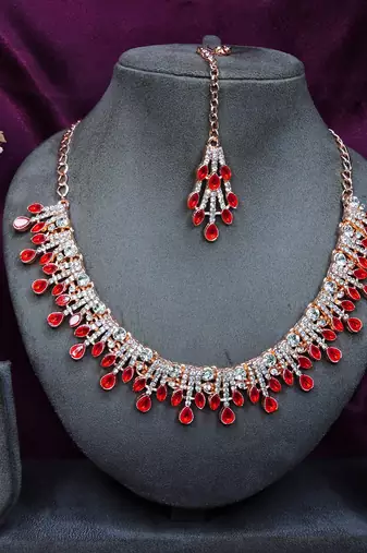 Red rose gold premium designer american diamond and stone work necklace set