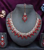 Red rose gold premium designer american diamond and stone work necklace set