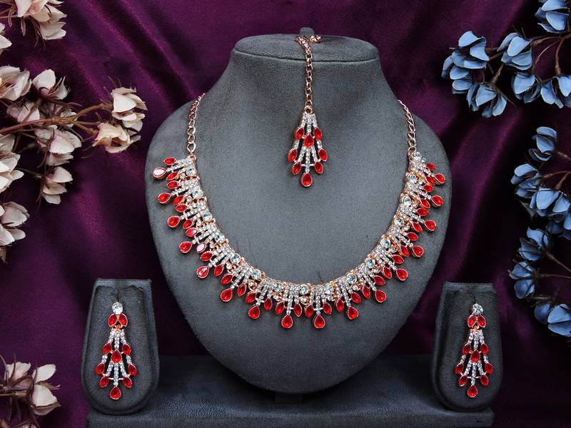 Red rose gold premium designer american diamond and stone work necklace set