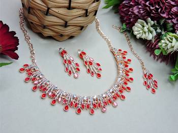 Red rose gold premium designer american diamond and stone work necklace set 2