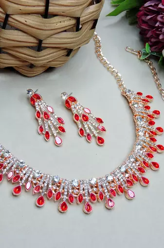 Red rose gold premium designer american diamond and stone work necklace set