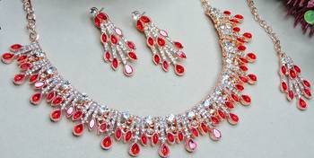 Red rose gold premium designer american diamond and stone work necklace set 3
