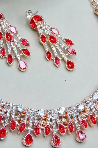 Red rose gold premium designer american diamond and stone work necklace set