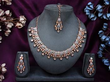 White rose gold premium designer american diamond and stone work necklace set 1