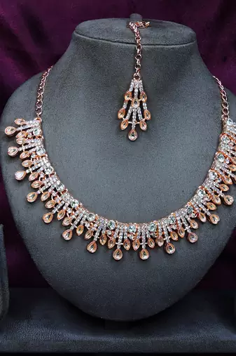 White rose gold premium designer american diamond and stone work necklace set