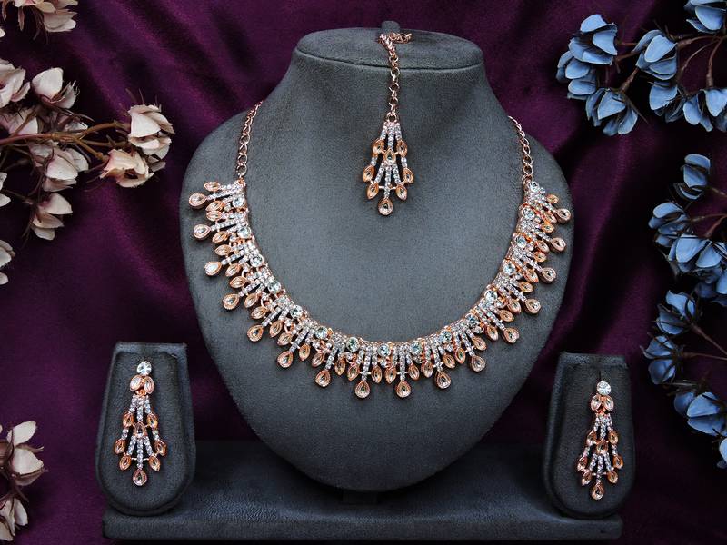 White rose gold premium designer american diamond and stone work necklace set
