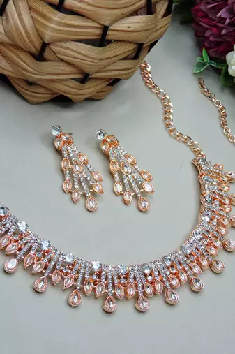 White rose gold premium designer american diamond and stone work necklace set