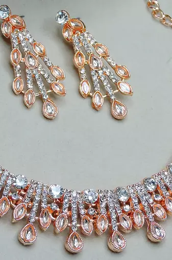 White rose gold premium designer american diamond and stone work necklace set