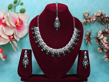 Green rhodium premium designer american diamond and stone work necklace set 1