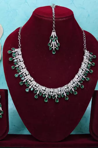 Green rhodium premium designer american diamond and stone work necklace set