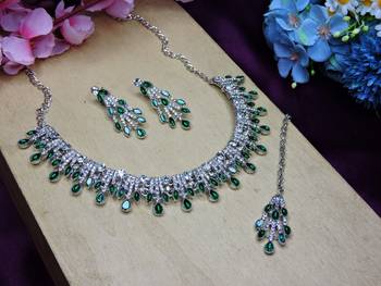 Green rhodium premium designer american diamond and stone work necklace set 2