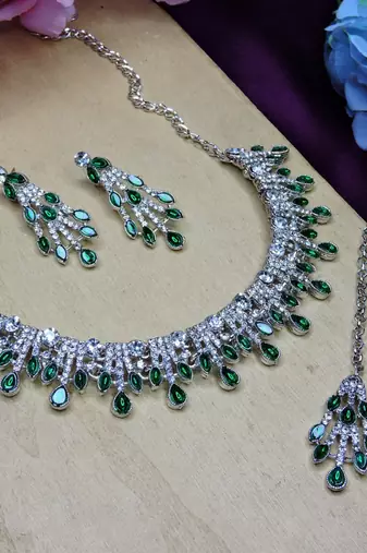 Green rhodium premium designer american diamond and stone work necklace set