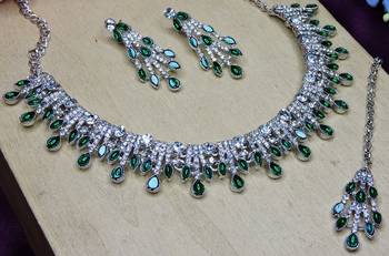 Green rhodium premium designer american diamond and stone work necklace set 3