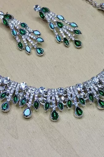 Green rhodium premium designer american diamond and stone work necklace set