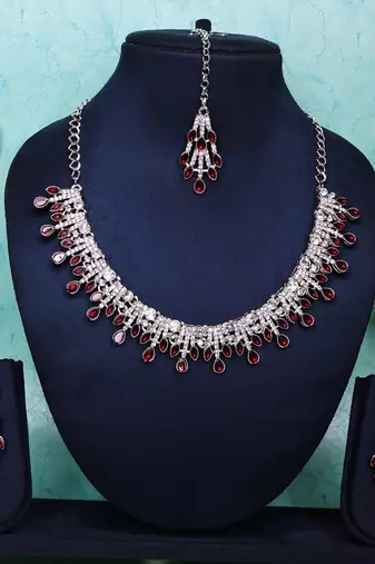 Maroon rhodium premium designer american diamond and stone work necklace set