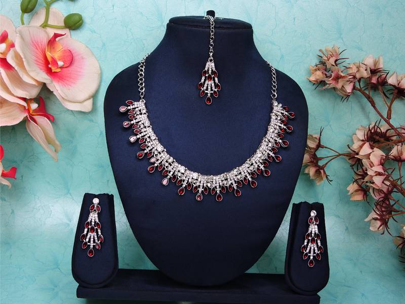Maroon rhodium premium designer american diamond and stone work necklace set