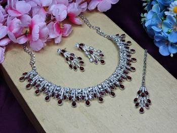 Maroon rhodium premium designer american diamond and stone work necklace set 2