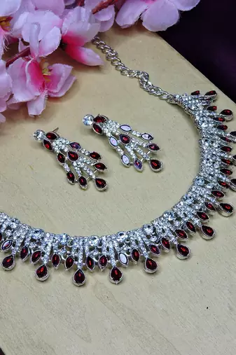 Maroon rhodium premium designer american diamond and stone work necklace set