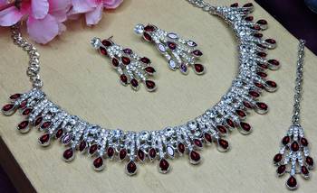 Maroon rhodium premium designer american diamond and stone work necklace set 3