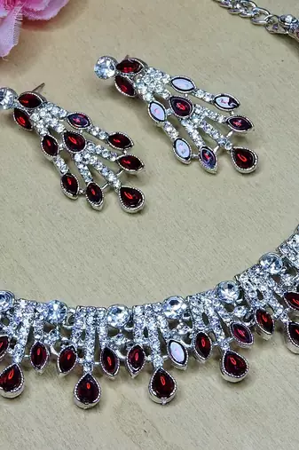 Maroon rhodium premium designer american diamond and stone work necklace set