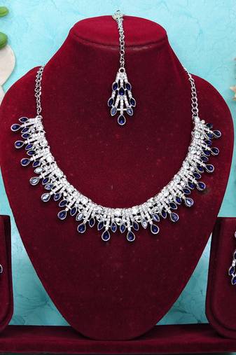 Blue rhodium premium designer american diamond and stone work necklace set